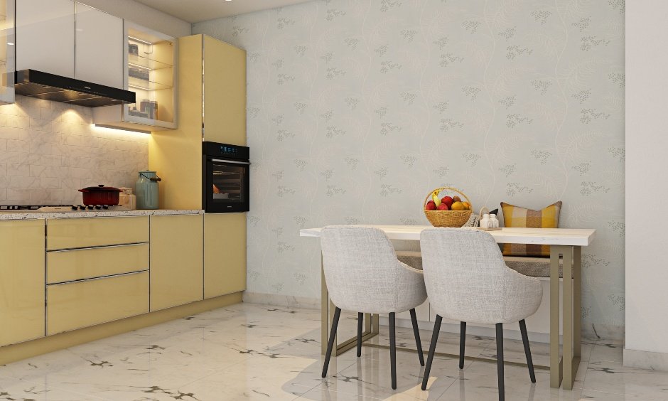 Modern 1bhk house interior design with a small breakfast table and chairs