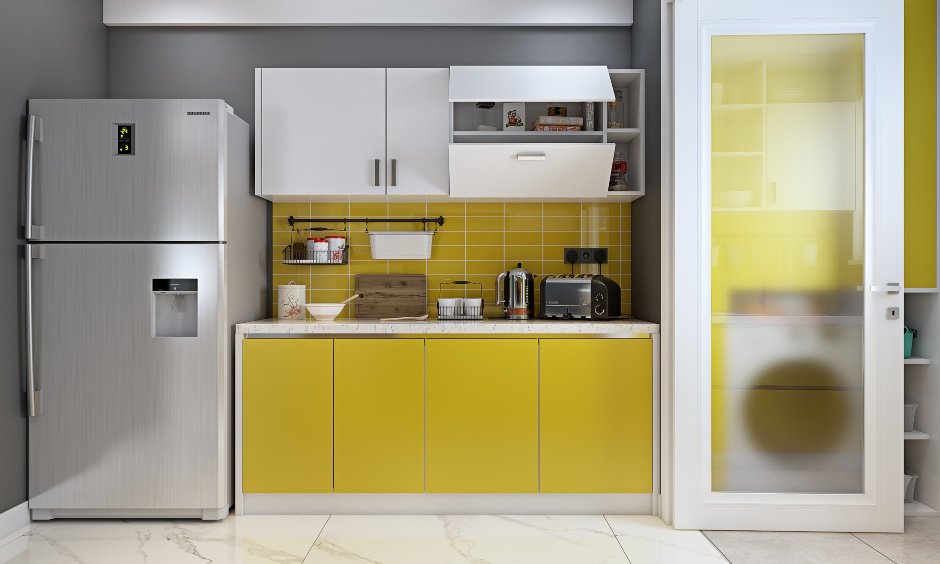 Parallel kitchen in yellow and white combination with crockery unit design for 3 bhk flat in hyderbad, mumbai and Pune