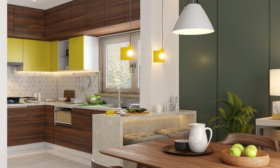 2bhk house design with dining room designed with a four seat table