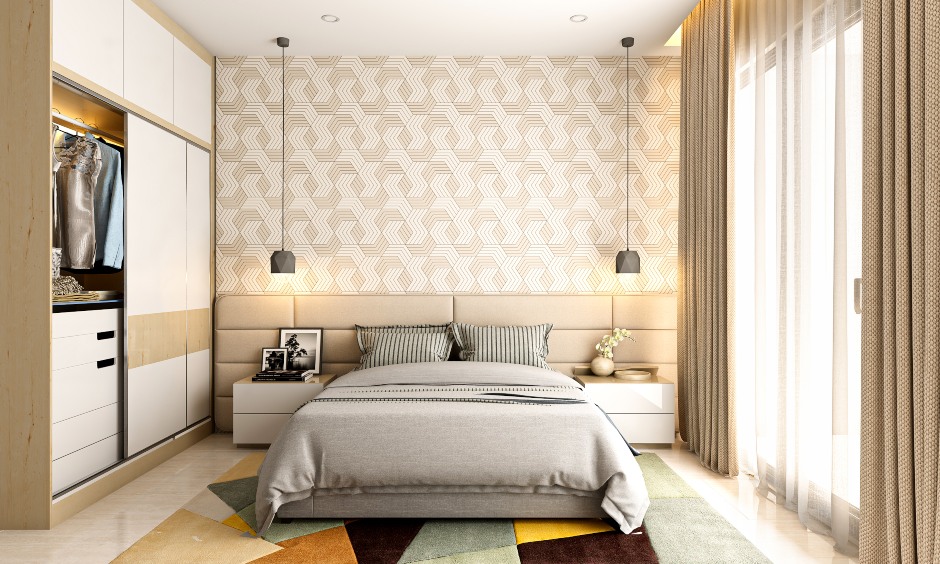 1bhk bedroom designed with sliding door wardrobe and wall hanging lights give an elegant vibe