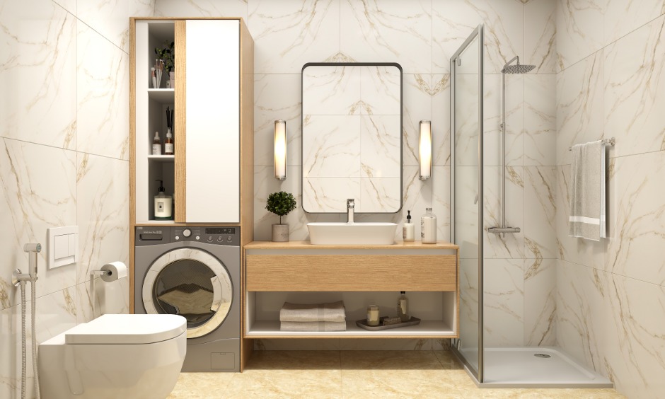 1bhk bathroom design with wooden accents and marble wall tiles lends a soothing look