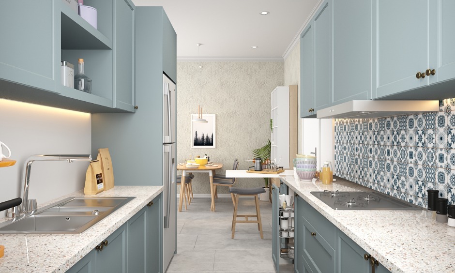 1bhk kitchen design in parallel layout comes with multiple overhead and base cabinets