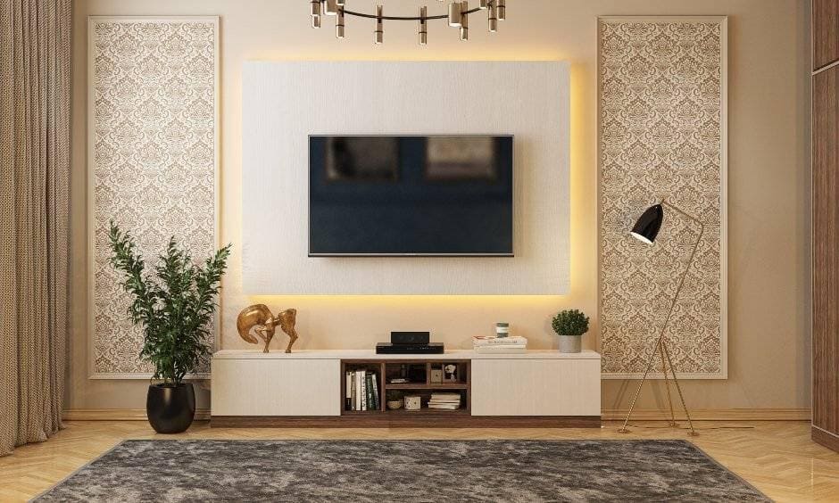 Bedroom tv unit design with backlit panel for Bangalore Mumbai and Hyderabad