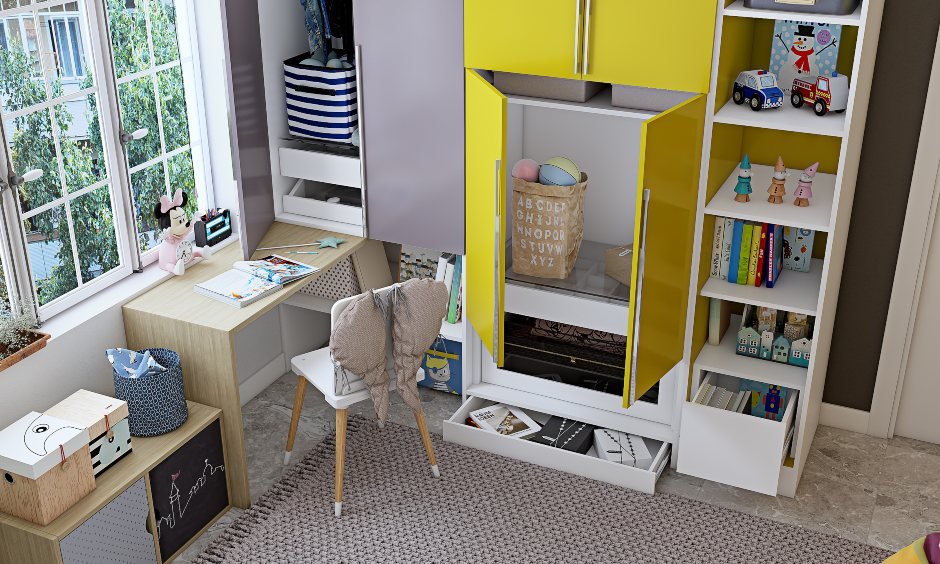 Kids wardrobe with open shelf, top and bottom cabinets and skirting drawer for storage