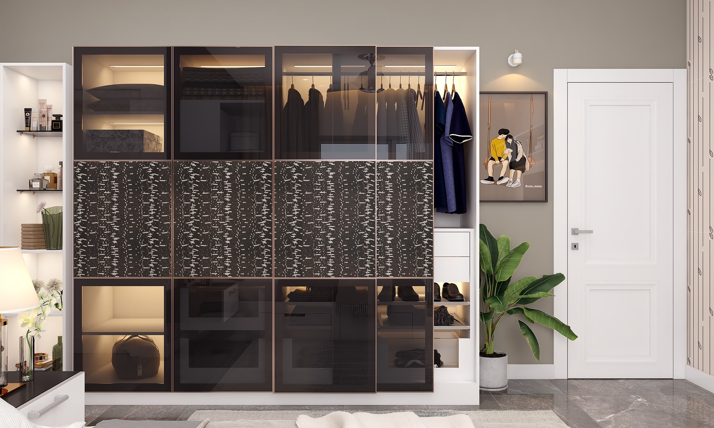 High-end interiors feature a sliding door wardrobe with glass and patterned engineered veneer